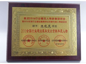 2015全国行业建设最具突出贡献年度人物-荣誉证书 - 珠海文博科检文物鉴定有限公司
